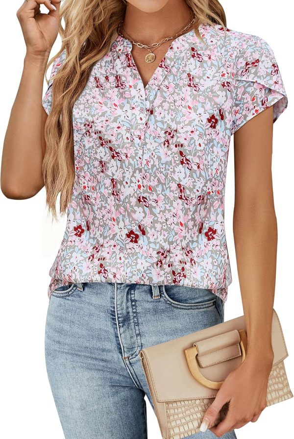 Womens Dressy Casual Tops Business Casual Cap Sleeve Work Blouses Chiffon V Neck Button Down Shirts
