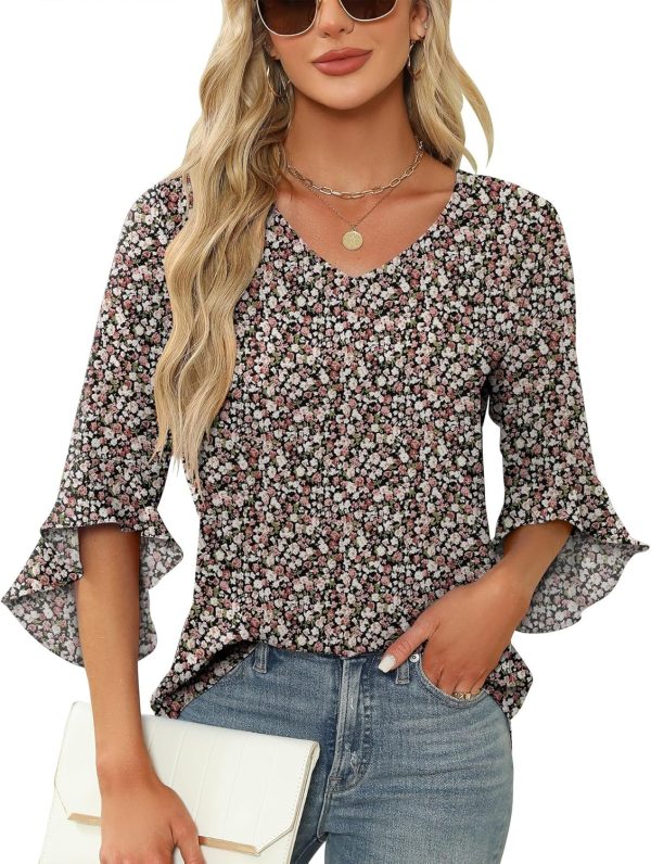 Chiffon Blouses for Women Ruffle 3/4 Sleeve Dressy V Neck Casual Flowy Tunic Tops